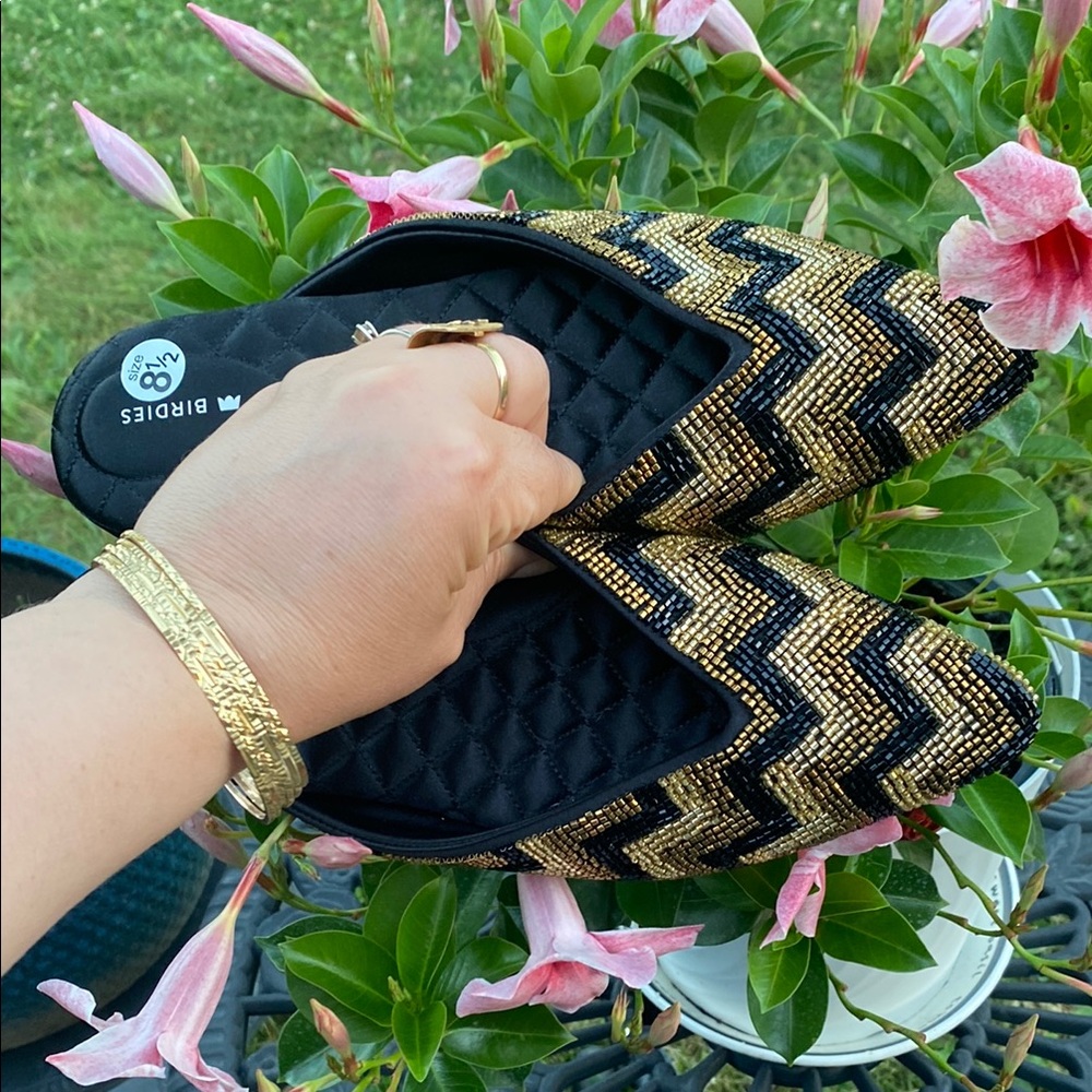 Birdies Gold and Black Quilted Flats with Metallic Accents new without box .
